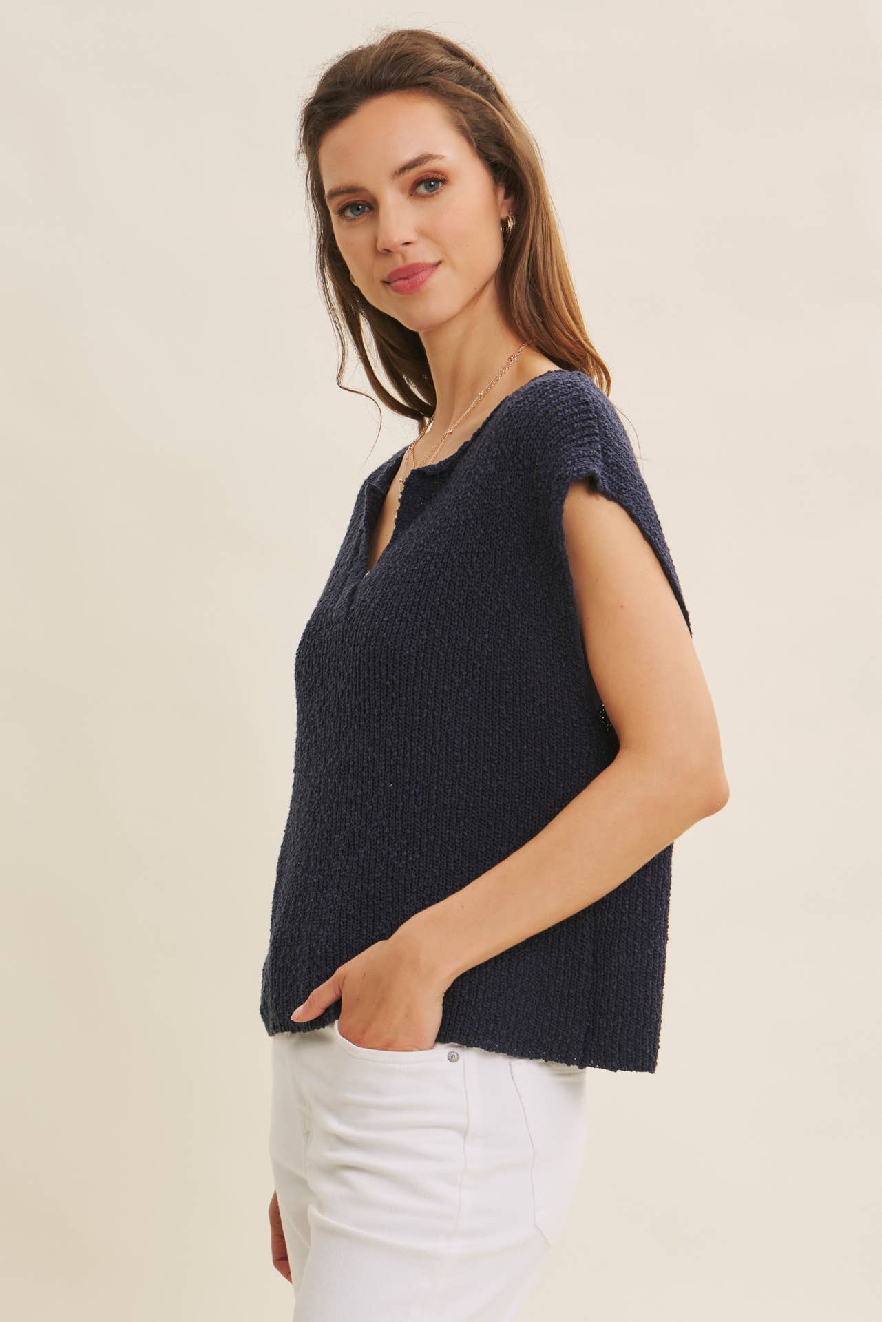 in february - Wholesale Knit Sweater - Women's - RELAXED FIT SLUB KNIT SWEATER TOP WITH SPLIT NECK40