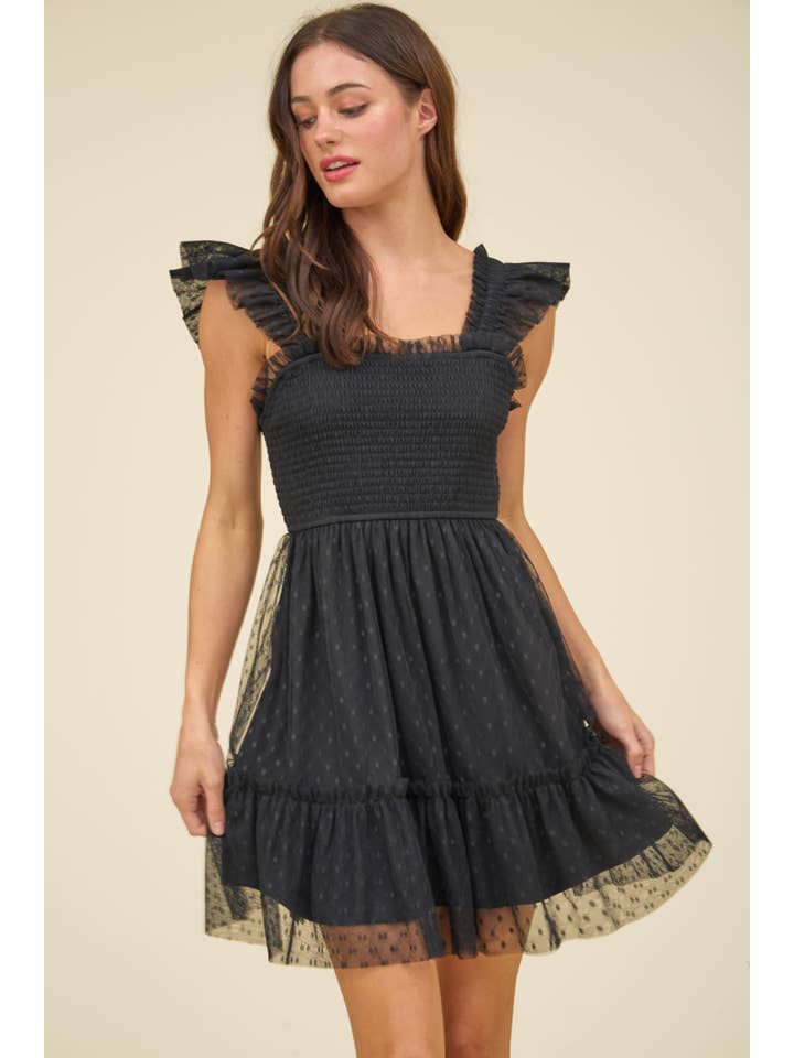 Blu Pepper - Wholesale Dress - Women's - POLKA DOT CHIFFON SMOCKED RUFFLE DETAIL MINI DRESS