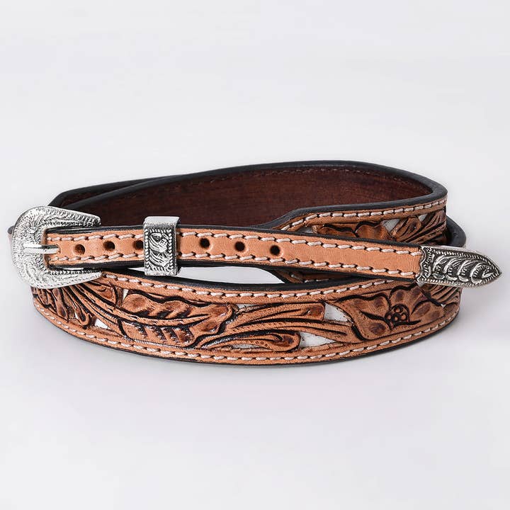 ADHTBR132 Natural Tooled Leather Western Hatband with White Lace Inlay & Silver Buckle for wholesale by LS Western