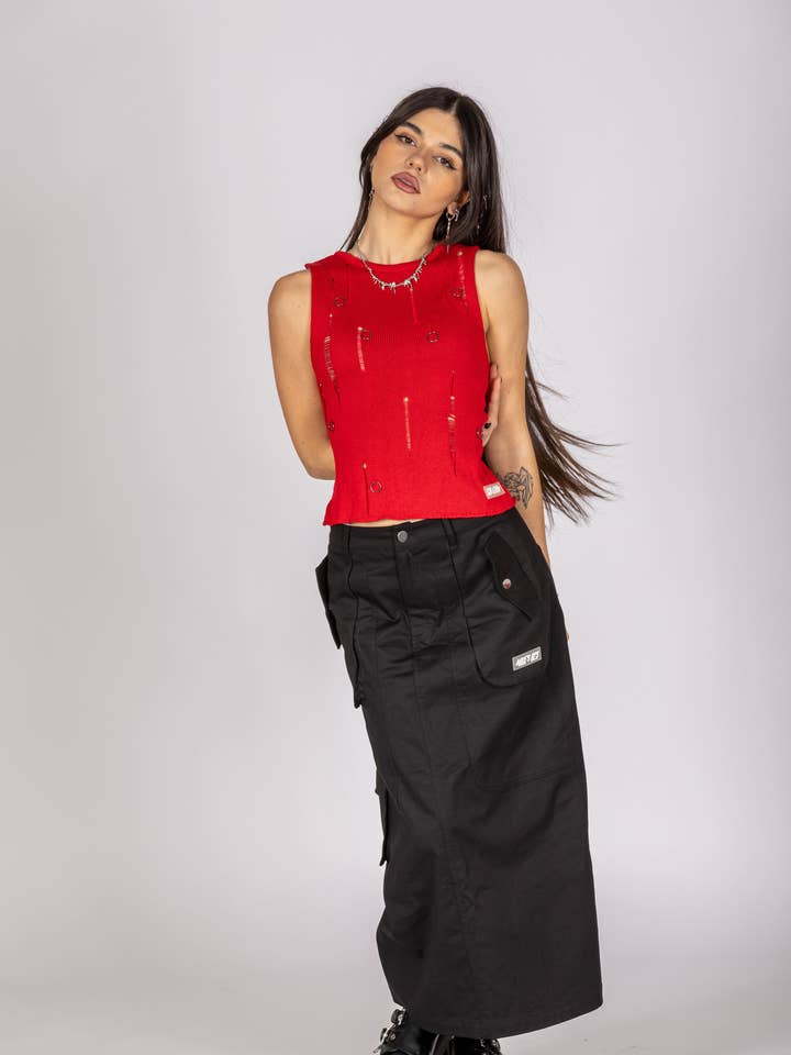 Colete de tricô vermelho Crash com estilo punk por atacado de Alice’s Lips