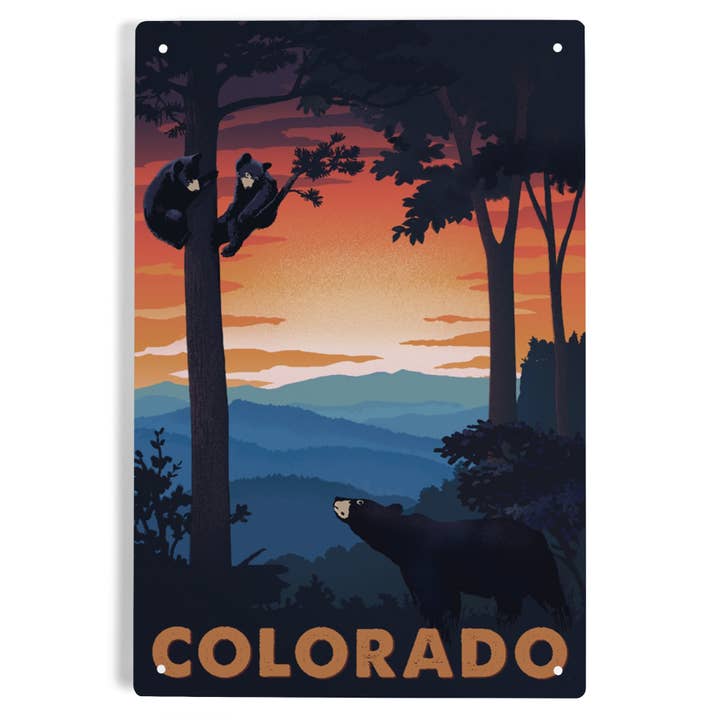 ART EN MÉTAL SIGNE Famille d'Ours du Colorado au Coucher de Soleil pour la vente par Lantern Press