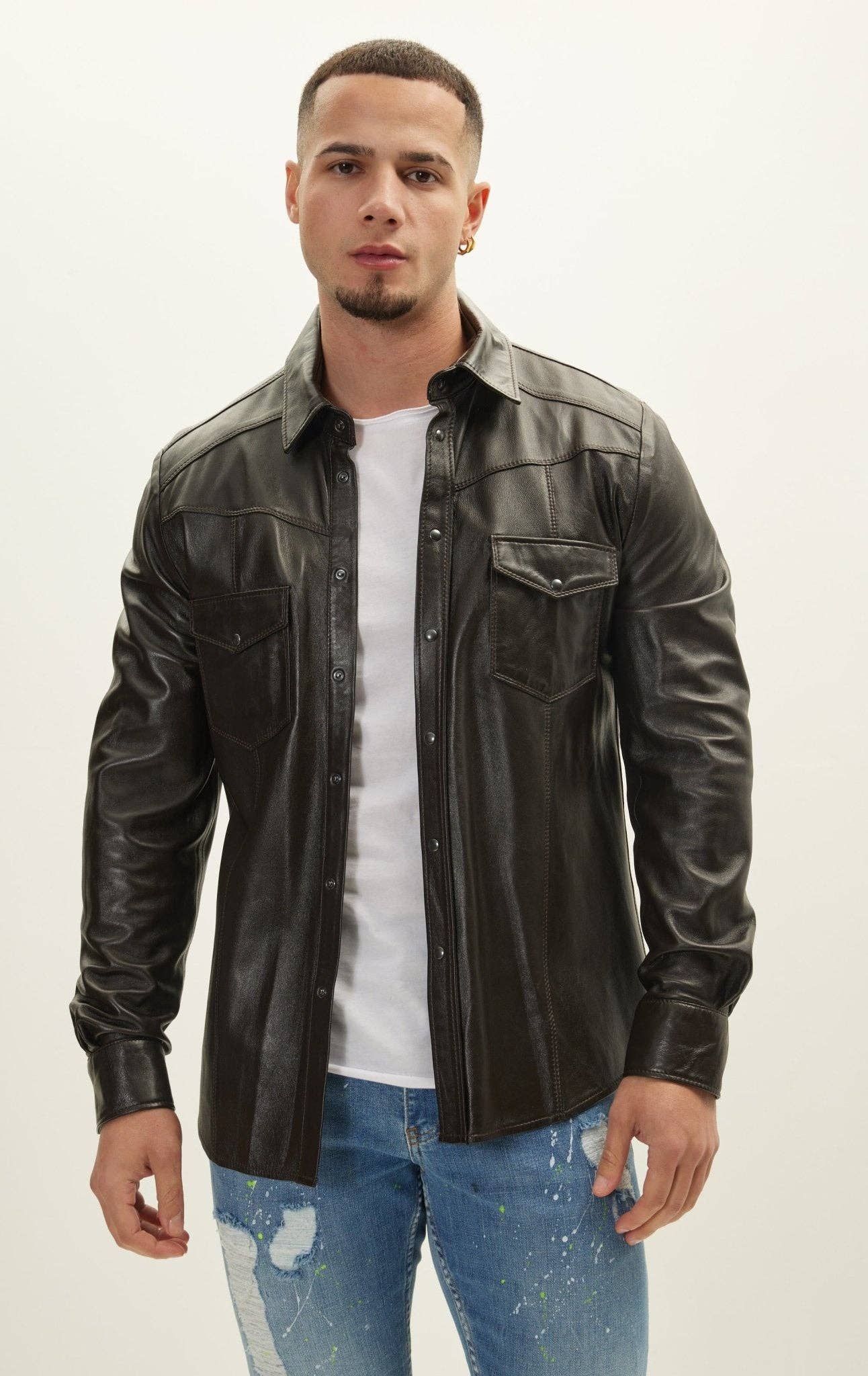 Men's Genuine Lambskin Leather Shirt - Dark Brown for wholesale on Faire5