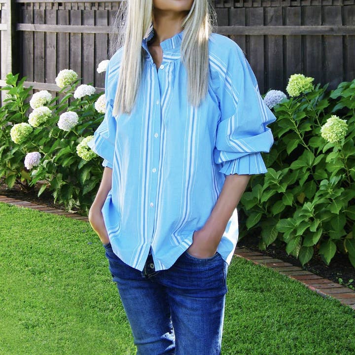 Olive - Katoenen Gestreept Overhemd Blauw Chambray Streep voor wholesale door Who's Charlie