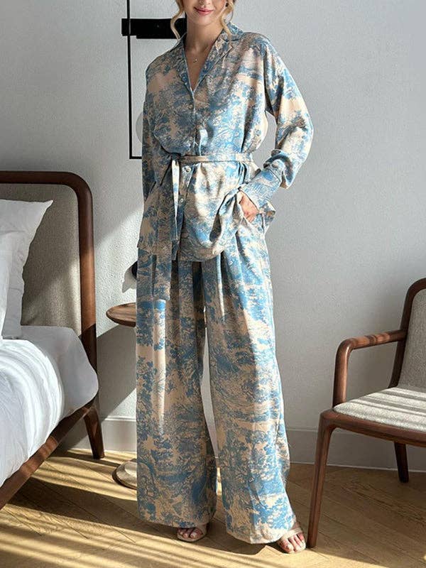 BLUE Long Sleeves Buttoned Printed Tied Waist Notched Collar Shirts Top + High Waisted Pants Bottom Two Pieces Set for wholesale on Faire5