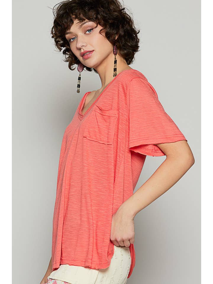 Pol Clothing - Wholesale Tunic - Women's - V-neck short sleeve casual knit chest pocket slub tee SALE
