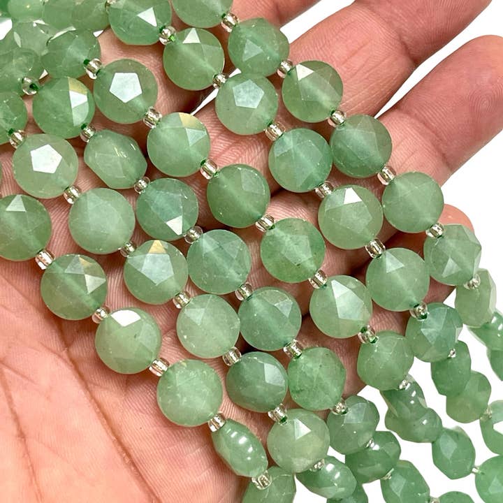 TRIVENI USA INC - Wholesale Beads - 10mm Green Aventurine Gemstone Faceted Coin Beads Strands5