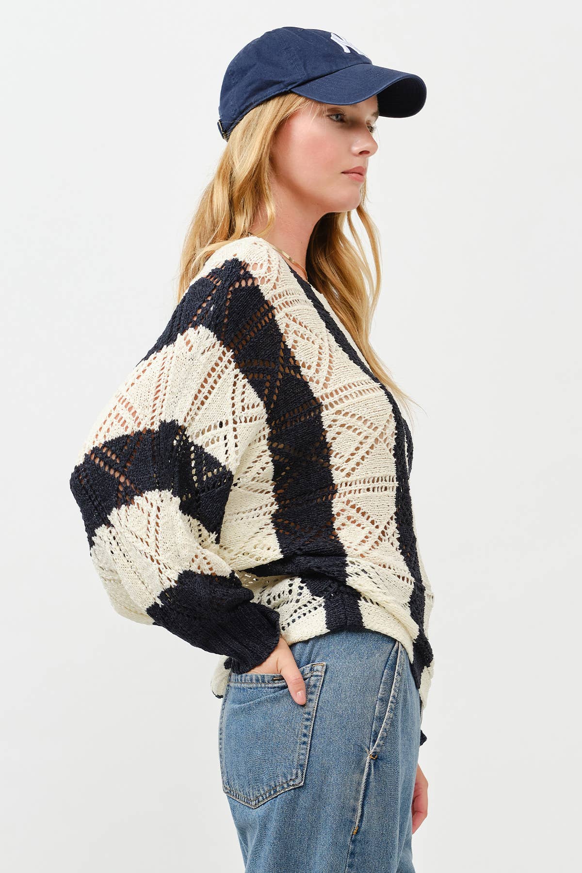 Ivory Navy Open Knit Crochet Sweater for wholesale on Faire4