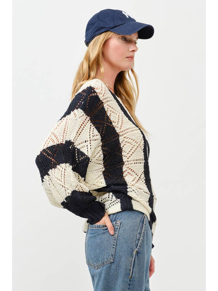 Ivory Navy Open Knit Crochet Sweater for wholesale on Faire4