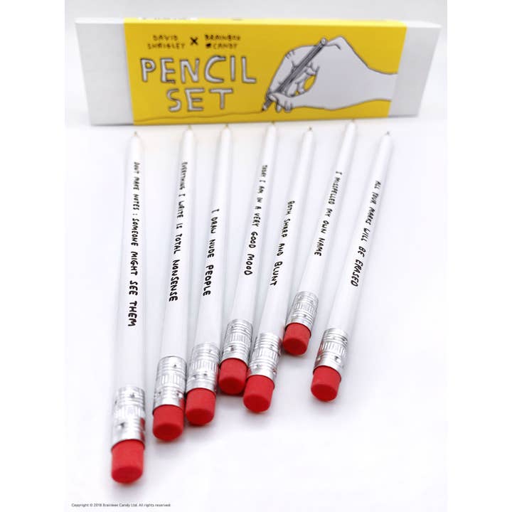 David Shrigley x Brainbox Candy - Wholesale Pencil - Funny Gift - David Shrigley Pencil Box - 6 Designs (Set 1)2