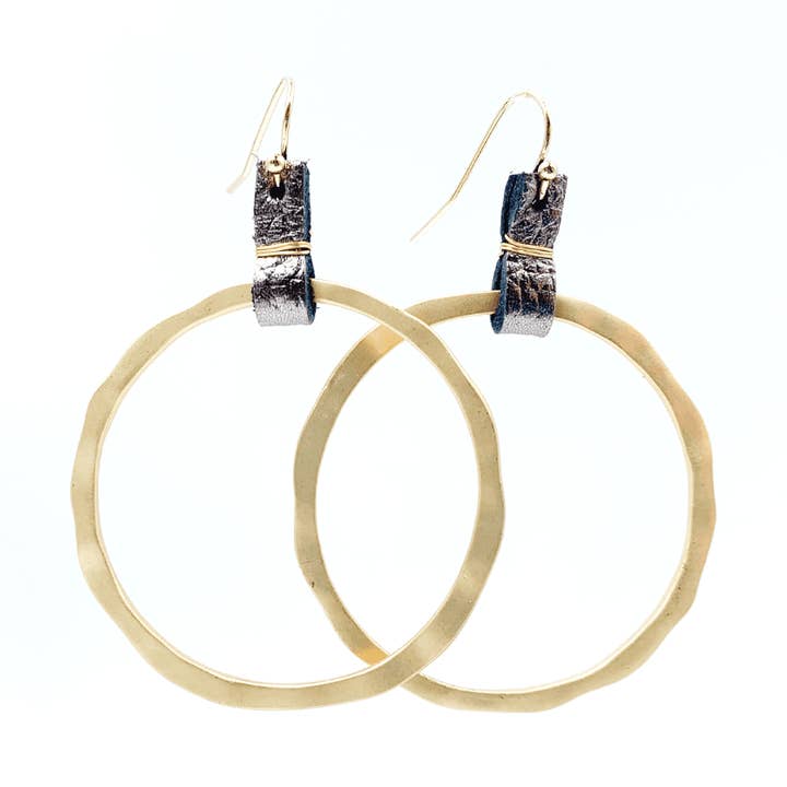 Gold Hoop in Skinny Leather Pewter Earring for wholesale by erin gray