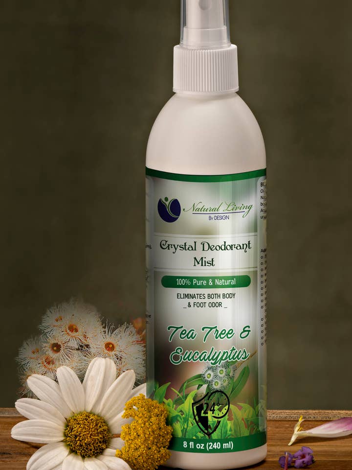 Tea Tree & Eucalyptus Natural Crystal Deodorant Mist Spray for wholesale by Natural Living by Design II, LLC