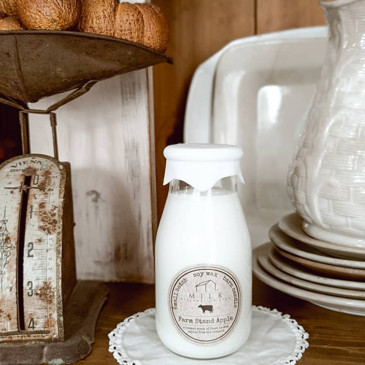 Milk Reclamation Barn - Wholesale Jar/filled candle - Milk Bottle Candle Farm Stand Apple2