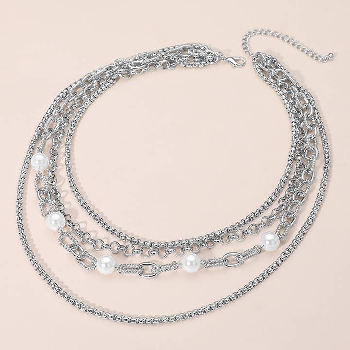 Pearl Bead Accent Multi Layered Chain Necklace for wholesale by Sensibling Corp.