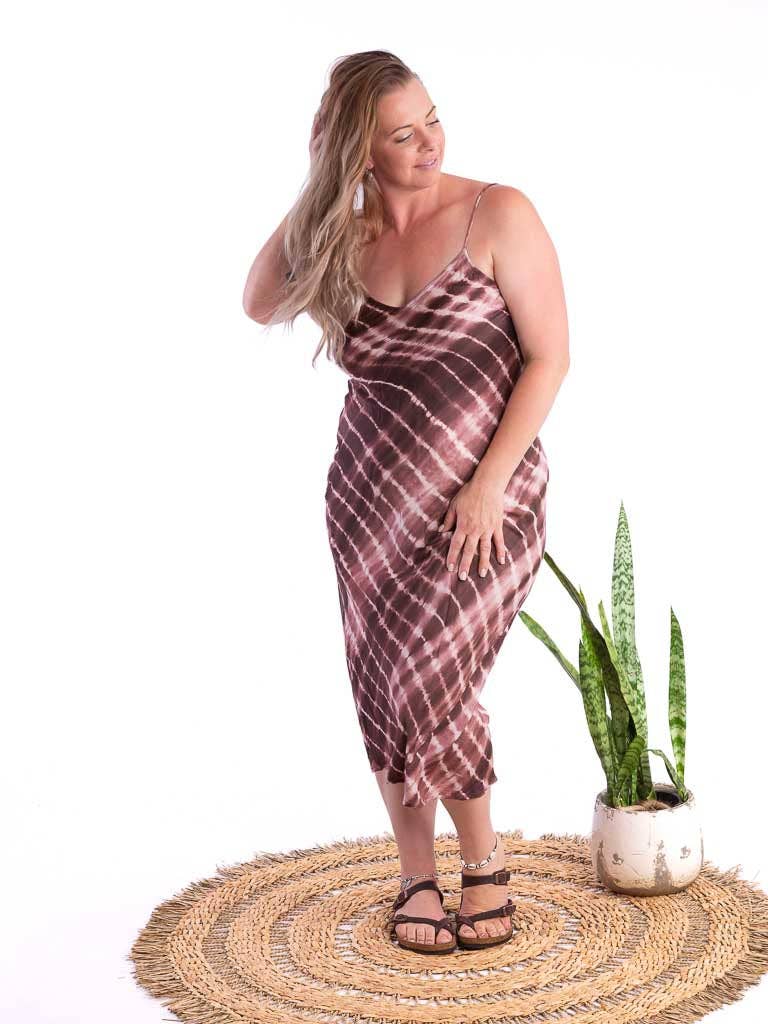 Silk Linen Slip Maxi Tie Dye Choc/White for wholesale on Faire2
