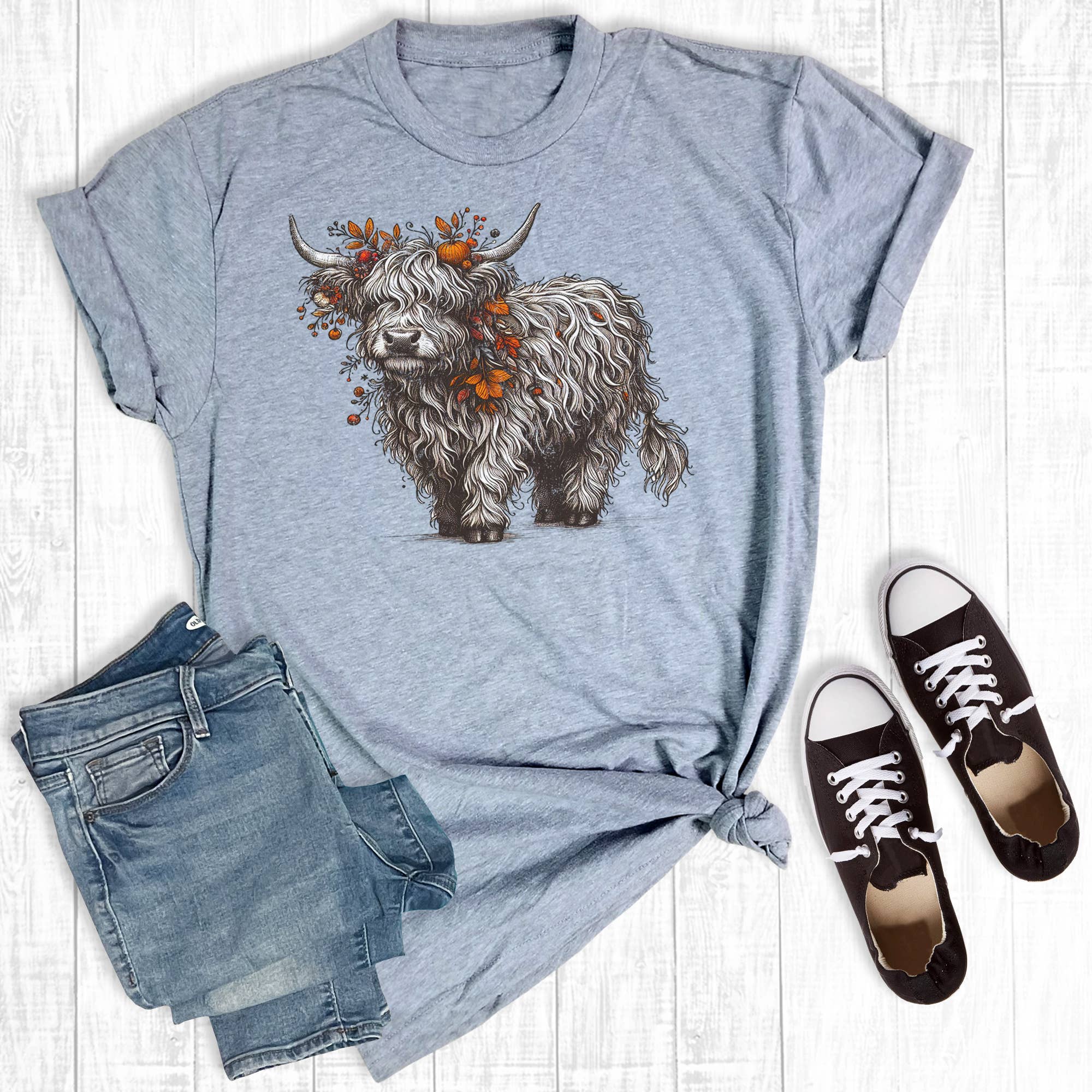 Cinzento Camiseta gráfica Retro Boho Floral Highland Vaca para venda a revendedores na Faire0