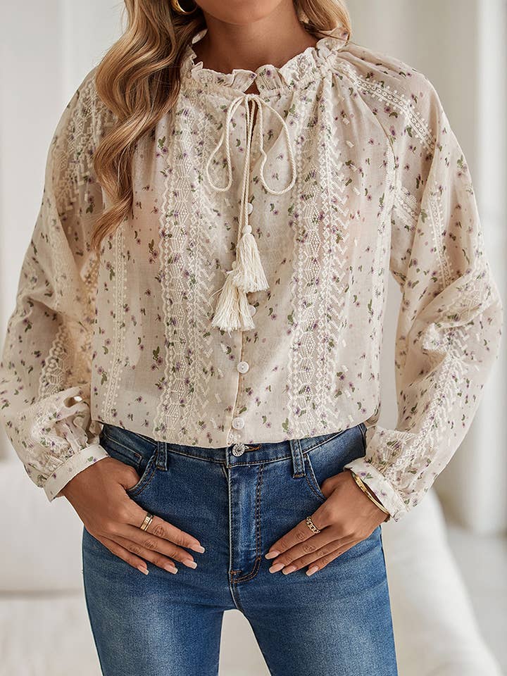 MULTI Floral Tassel Tie Peasant Blouse for wholesale on Faire4