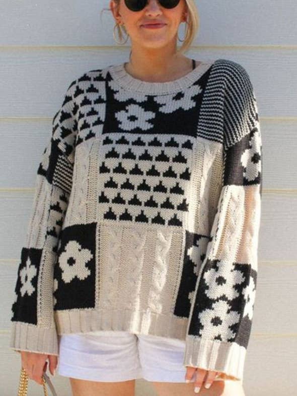 Apricot Square Floral Casual Relaxed Pullover Knit Jumper for wholesale on Faire