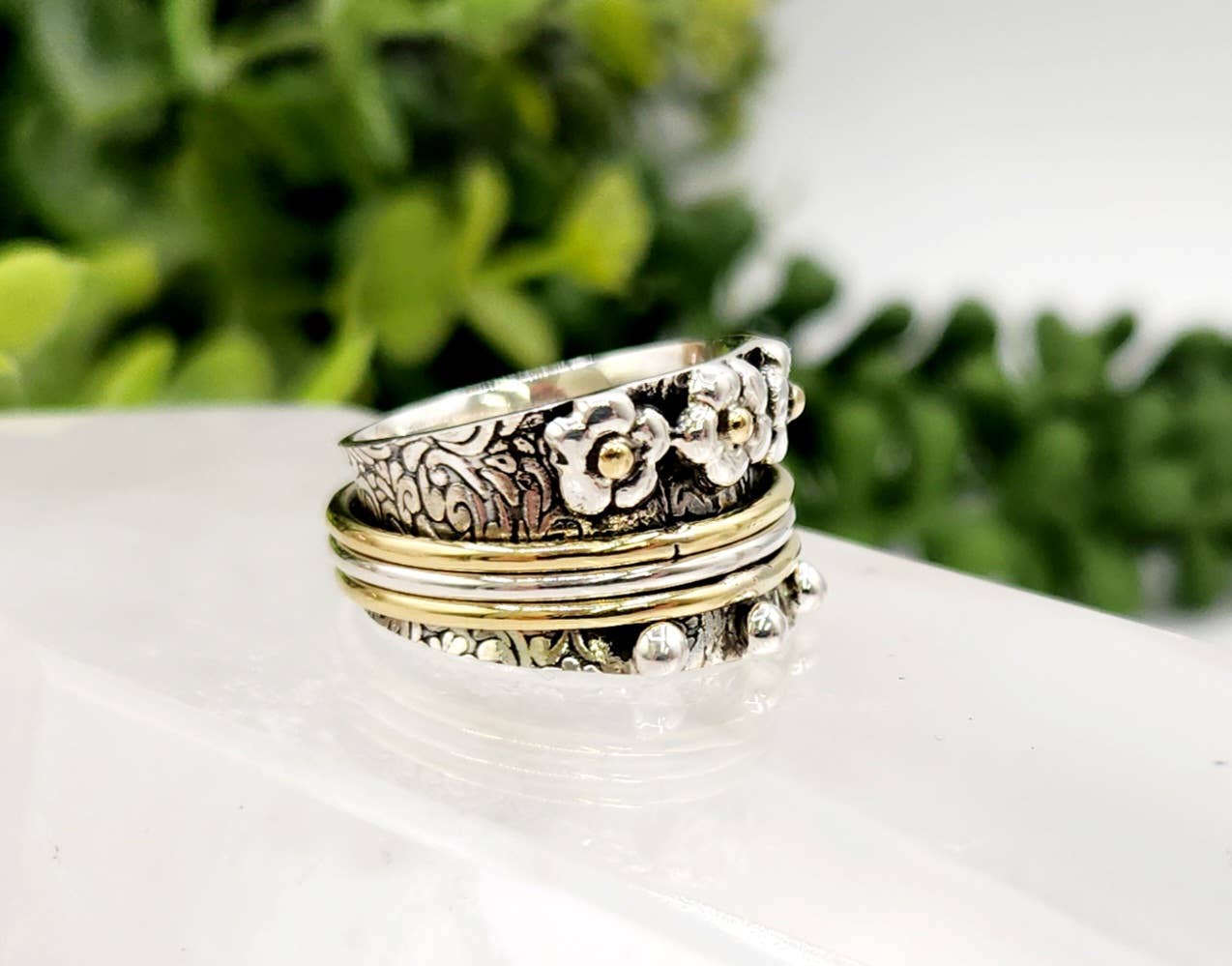 Meraki Gemstones - Wholesale Band/Stacked Ring - SPINNER RING-Sterling Silver/925 and Brass w/Tiny Flowers5