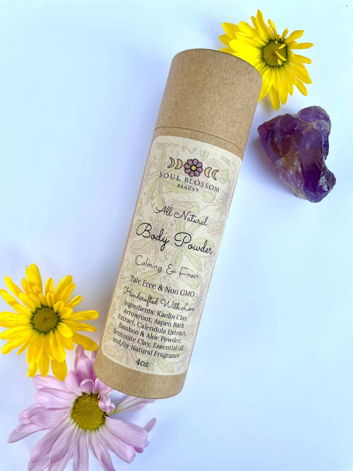 All Natural Body Powder- Talc Free Body Powder- Chamomile Neroli Aloe Body Powder- Anti Chafing- Stay Dry - Vegan Natural Skincare - for wholesale by Soul Blossom Beauty