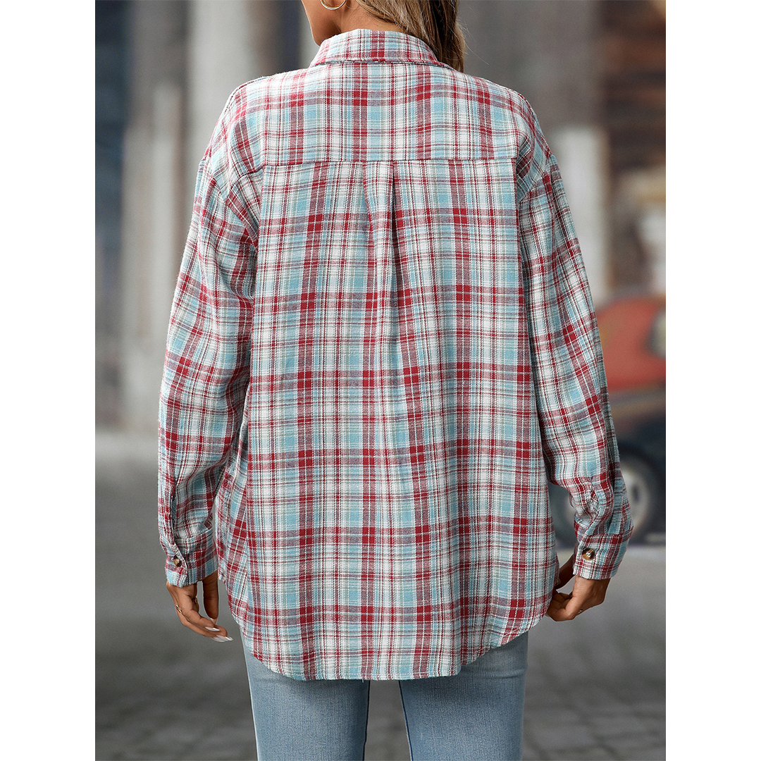 UNISHE - Wholesale Shirt - Women's - Casual Loose Fit Plaid Pockets Button-Down Shirt MD21315