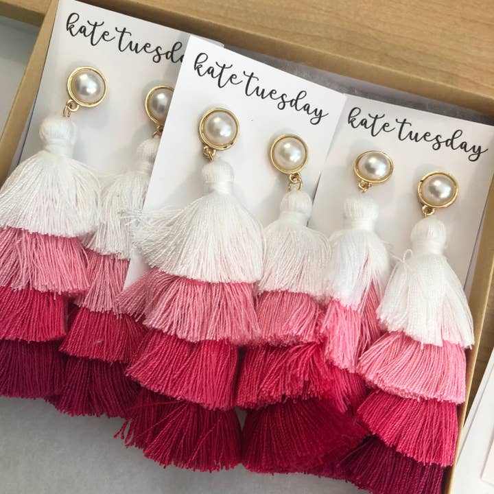 Kate Tuesday Jewelry - Wholesale Tassel Earrings - Valentines 4 Layer Pink Pearl Tassel Earrings