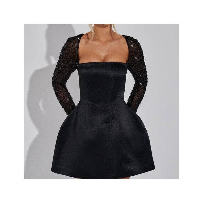 Sheer Trend - Wholesale Dress - Women's - Solid Square Neck Lace Trim A-Line Short Sleeveless Dress3