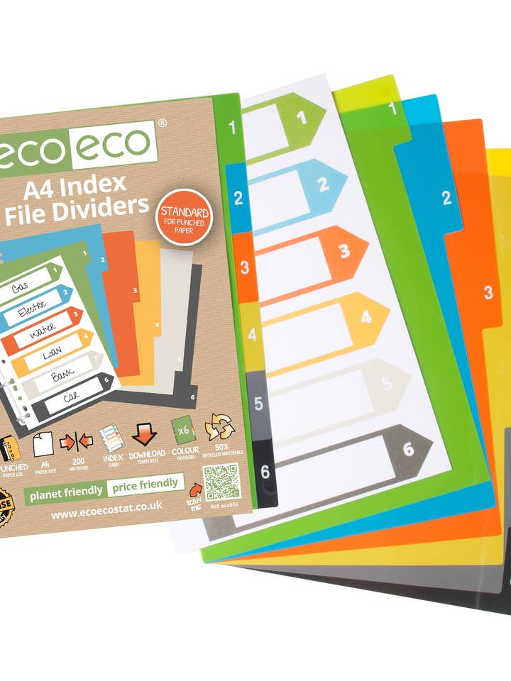 A4 50% Recycled Set 6 Index File Dividers for wholesale by eco-eco Stationery Ltd
