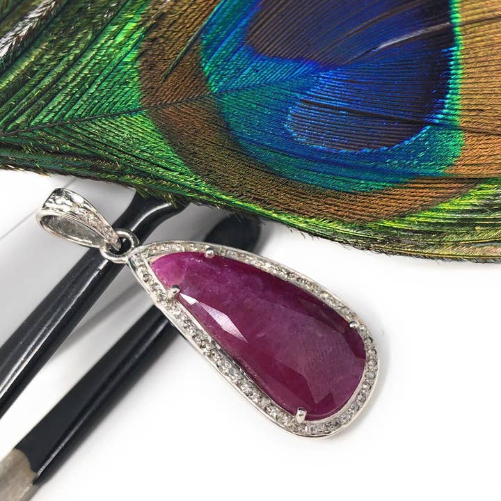 Natural Ruby Diamond Pendant, Gemstone Pendant, Sterling Silver Pendant, Pave Diamond Pendant, Genuine Ruby Jewelry Gifts for Her for wholesale by Akstar Gems