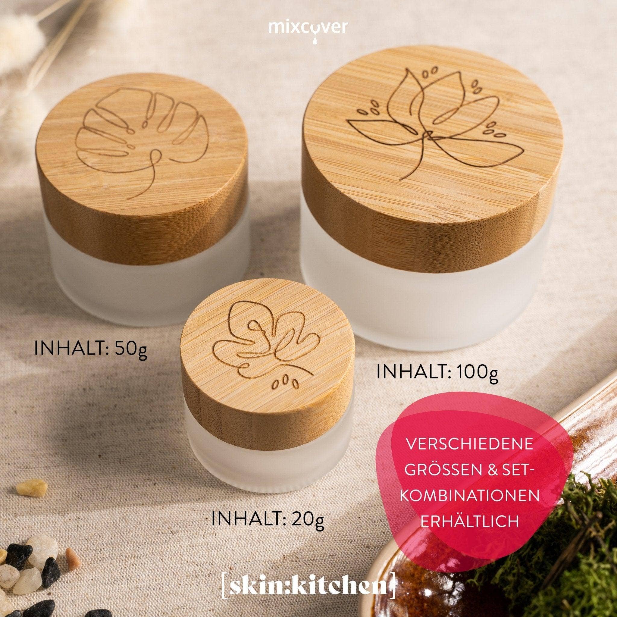 Mixcover GmbH – Großhandel Einmachglas – skin:kitchen Glastiegel mit Bambusdeckel & Gravur für selbstgemachte Kosmetik 3er Set 100g Frosted4