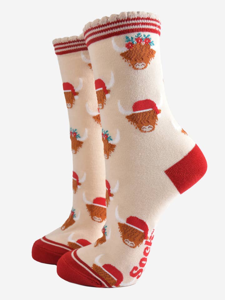 Sock Talk - Wholesale Socks – Women's - Women's Bamboo Socks - Cream/Red, Christmas Highland Cow10