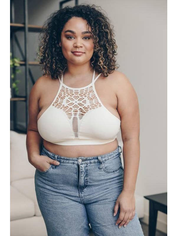 Floral Cut Out High Neck Bralette - Ivory for wholesale on Faire