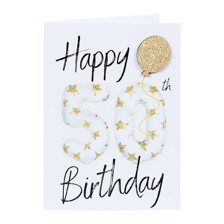 50th Birthday Card embellished with a Gold Glitter Balloon for wholesale by Lil's Cards