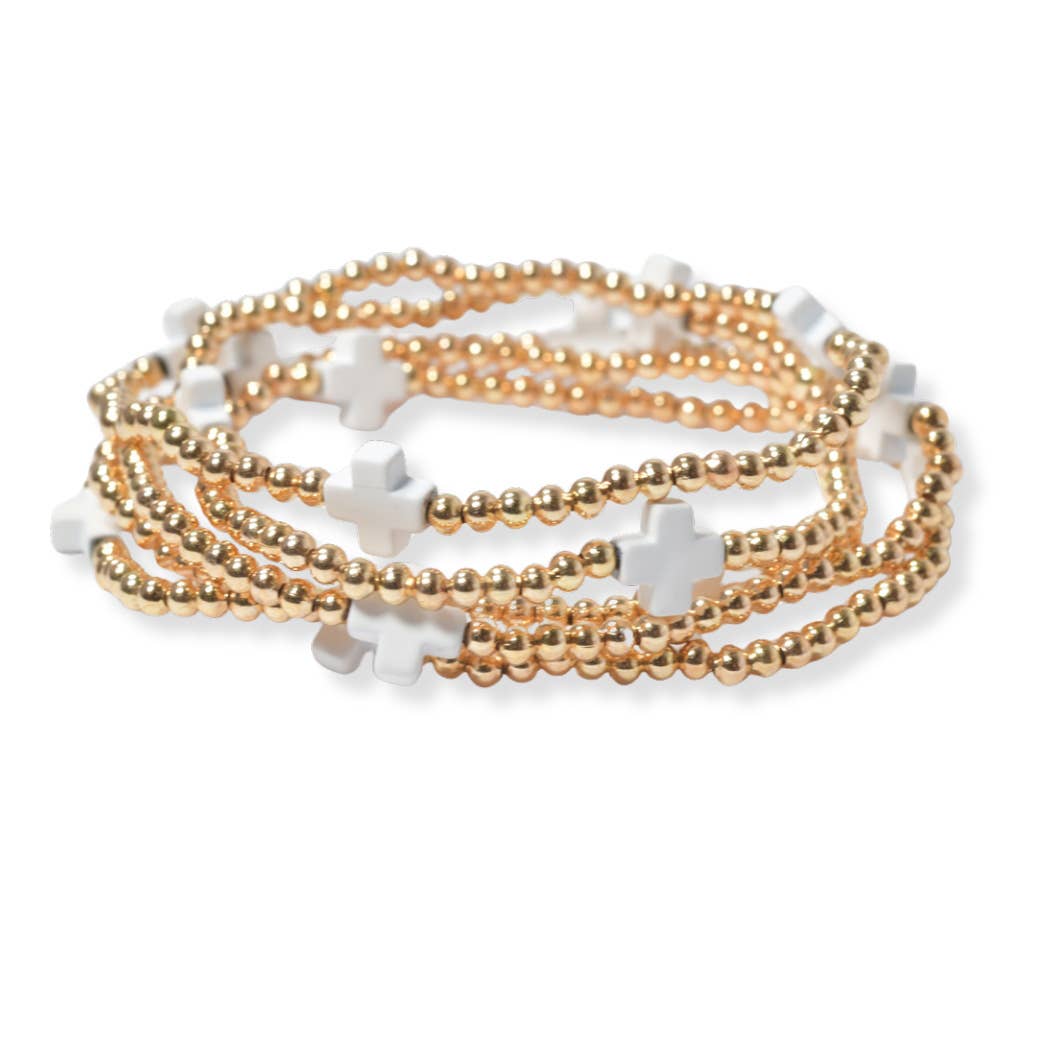 SOPHIA WHOLESALE - Wholesale Beaded Bracelet - Multi layered gold bead stretch bracelet with cross accent n2