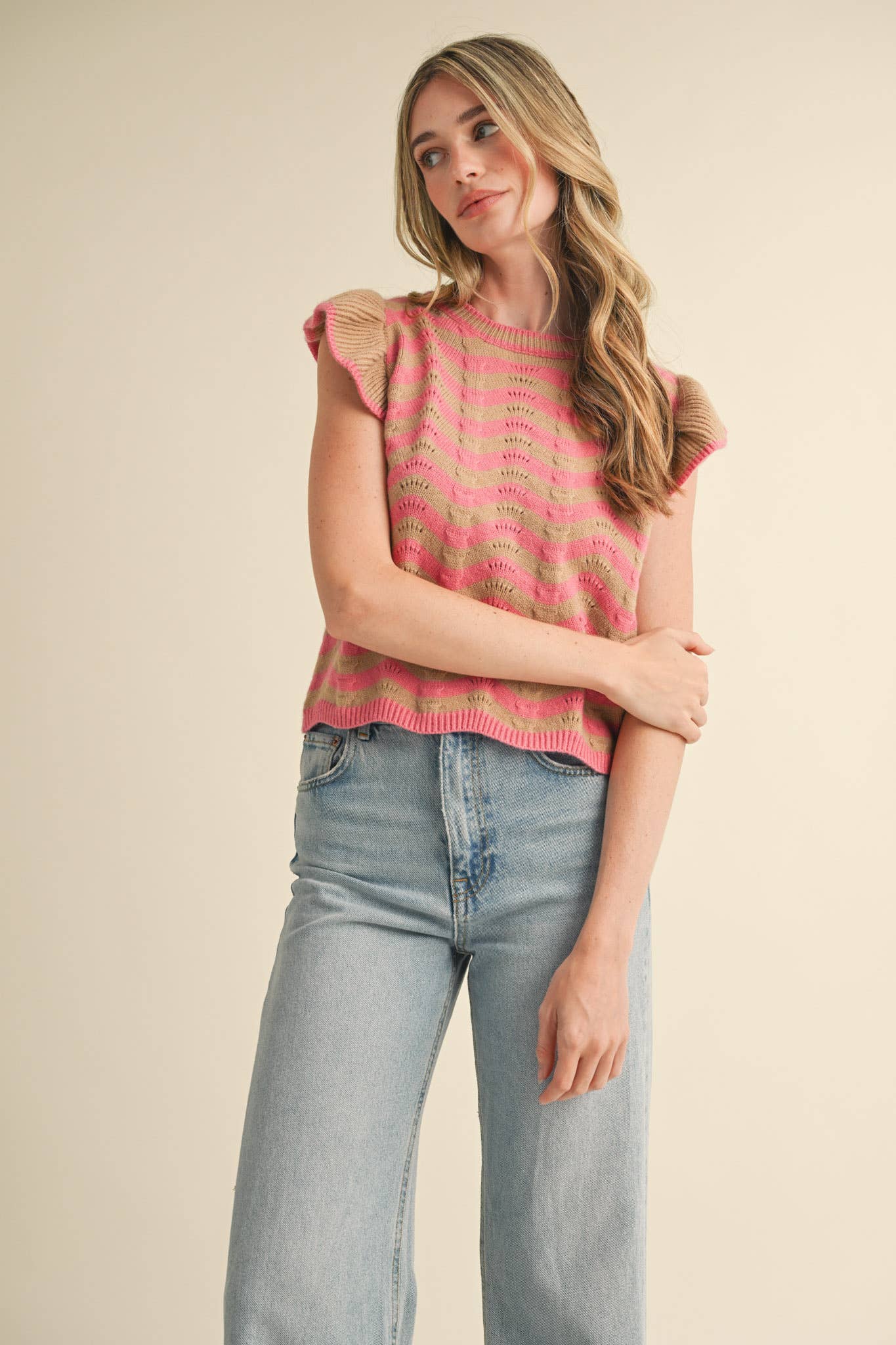 &MERCI - Wholesale Knit Sweater - Women's - WAVY STRIPES FLUTTER SLEEVE SWEATER TOP MSW1050961