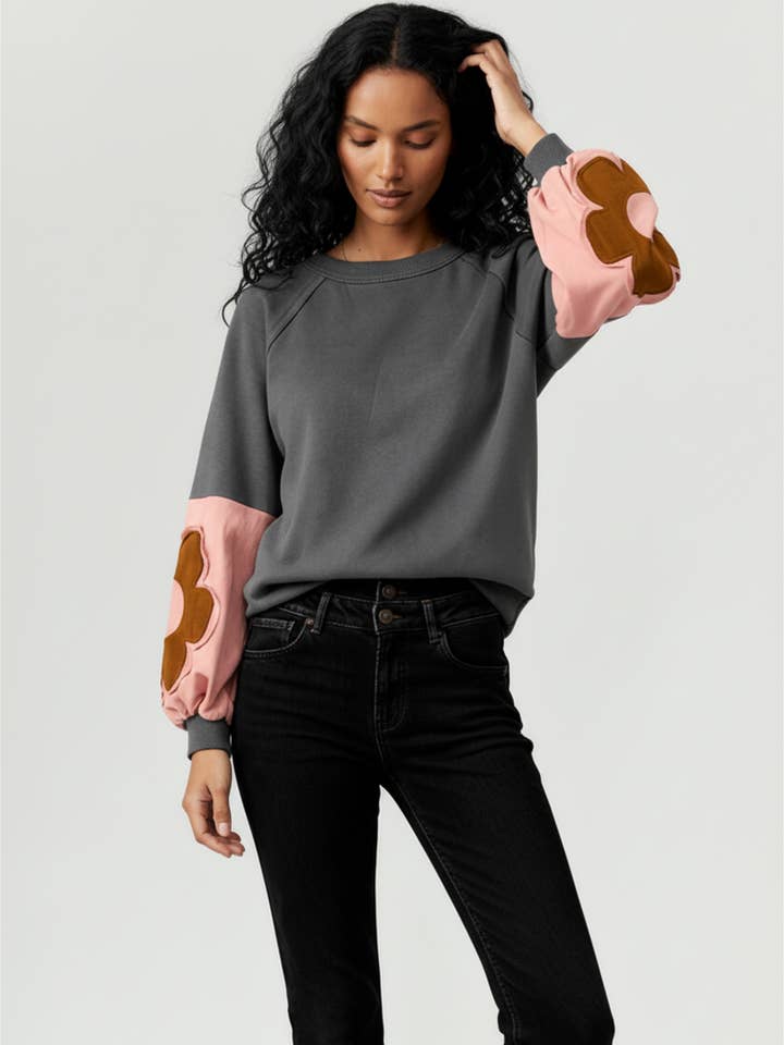 Kori America - Wholesale Knit Top - Women's - FLORAL PATCHWORK LONG SLEEVE COLOR BLOCK TOP