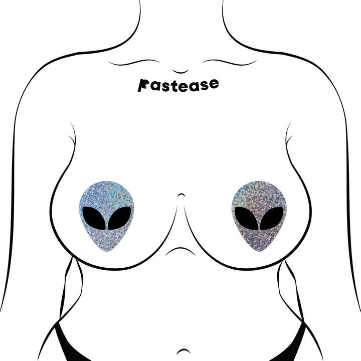 Pastease® - Wholesale Nipple Pasties - Women's - Glitter Silver Alien with Spacey Black Eyes Nipple Pasties
