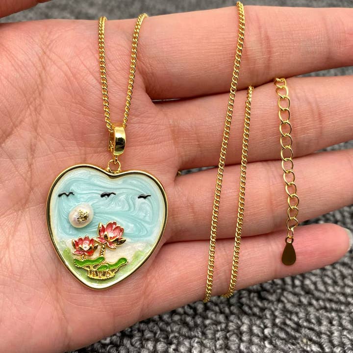 Oil Painting Style Enamel Lotus Heart 18K Golden Necklace for wholesale by Mio Queena
