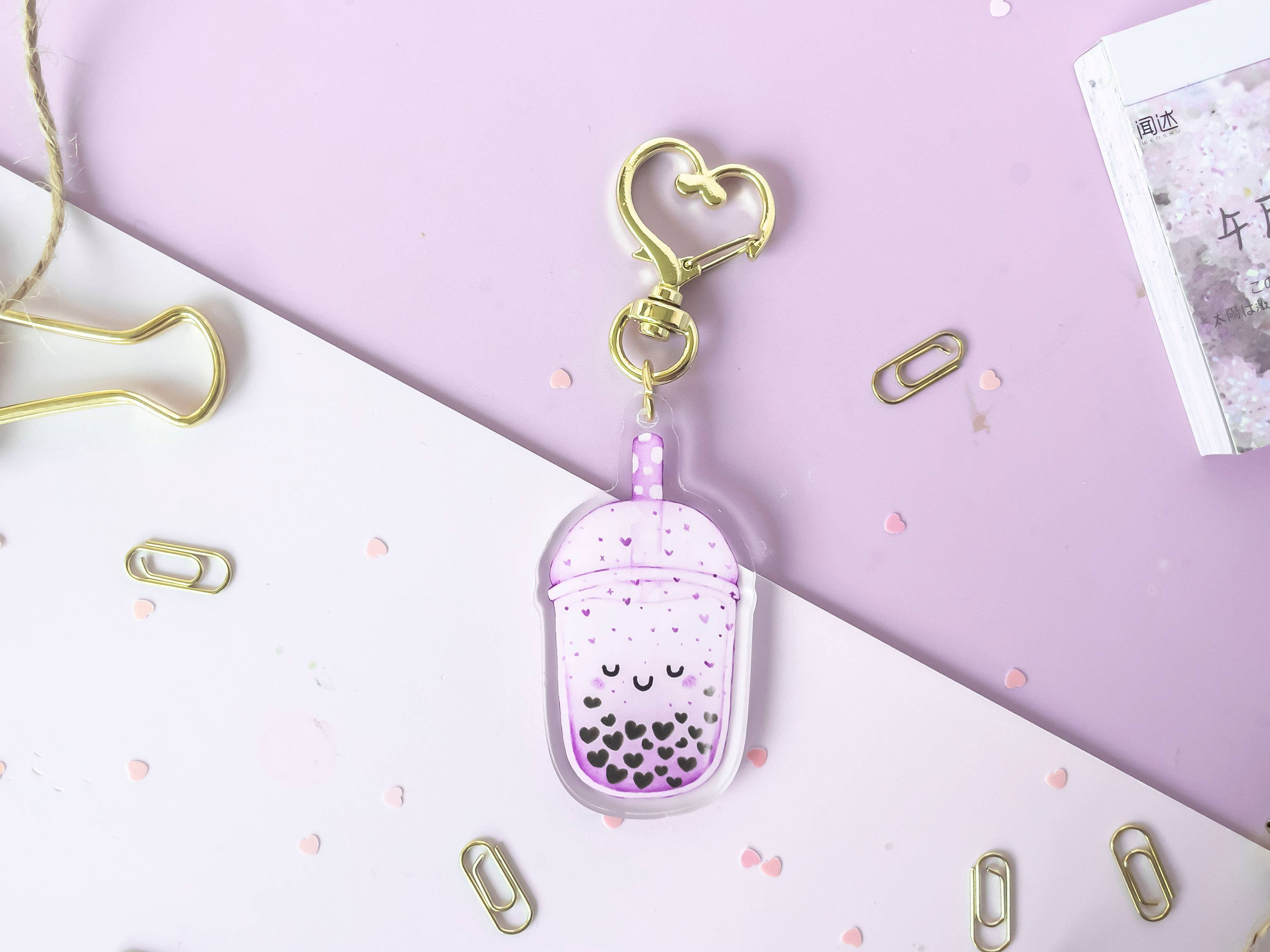 Jino's Art - Wholesale Keychain - Women's - Taro love boba tea keychain / clear Double Sided charm0