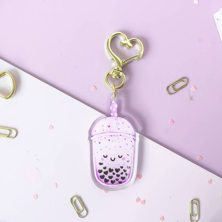 Jino's Art - Wholesale Keychain – Women's - Taro love boba tea keychain / clear Double Sided charm
