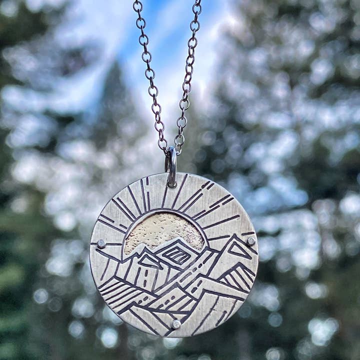 Riveted Sun and Mountain Pendant for wholesale by Krista Tranquilla Studio