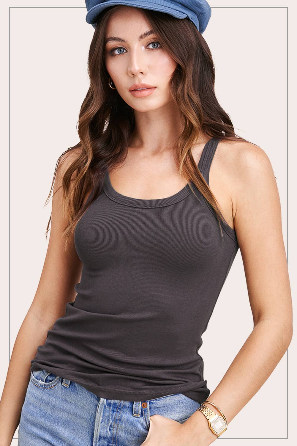 La Miel - Wholesale Tank Top - Women's - HAT7477-Basic Stretchy Rib Knit Fabric Tank Top11