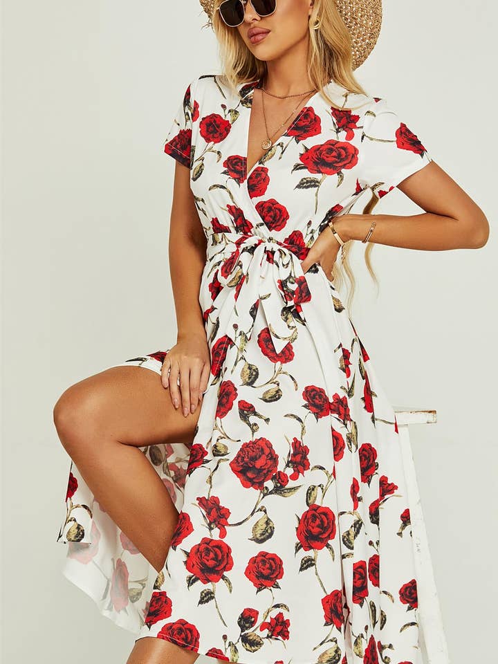 FS Collection - Wholesale Dress - Women's - Red Floral Print High Waist Wrap Midi Dress In White