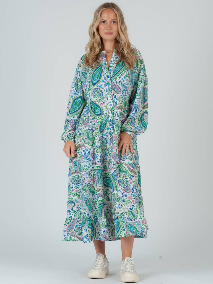 Blue Paisley Rayon Long Sleeve Maxi Dress for wholesale by Lucca Couture