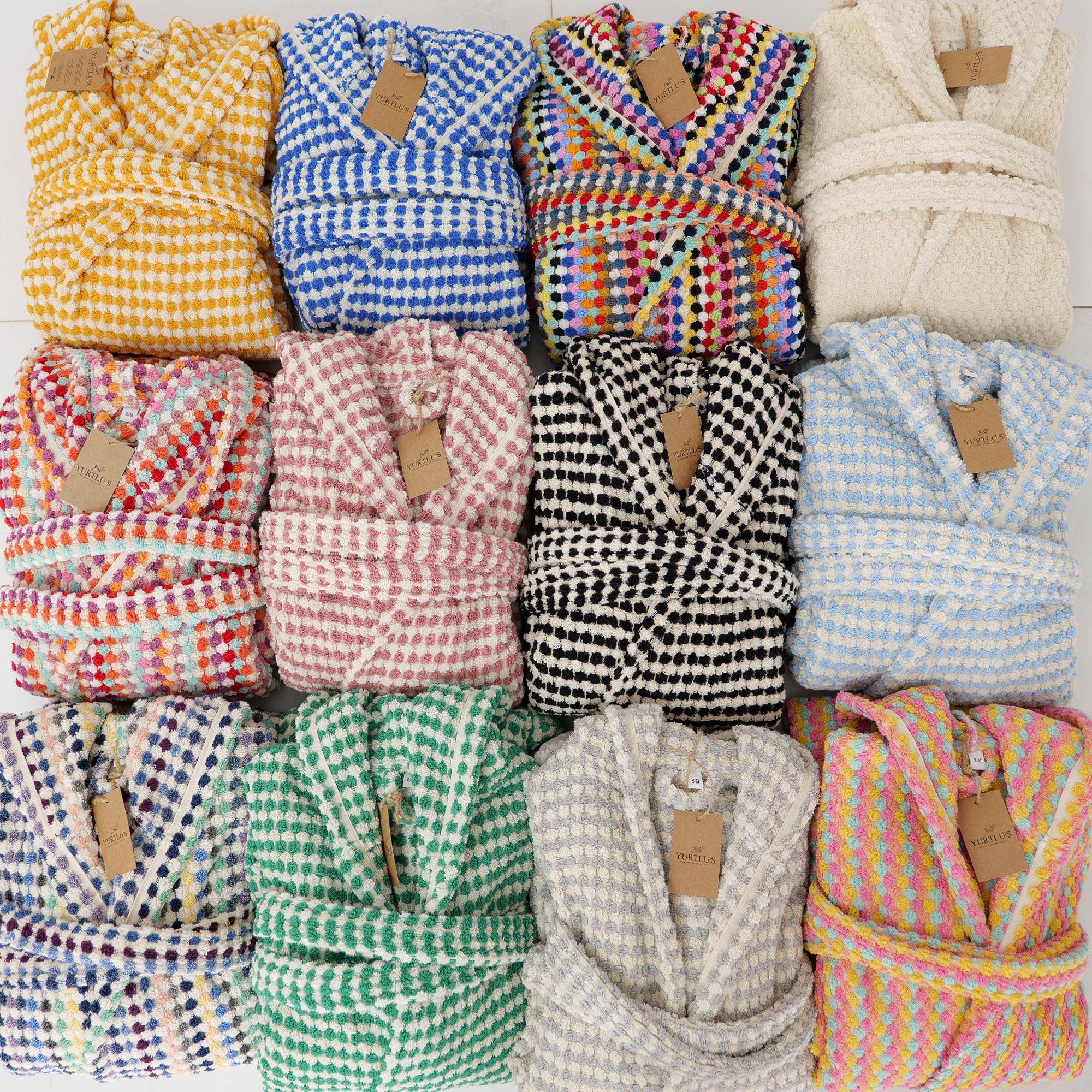 YURTLUS - Venta al por mayor Bata - Unisex - Bata de burbujas tejida a mano, albornoz con pompones en telar manual 100% algodón 69