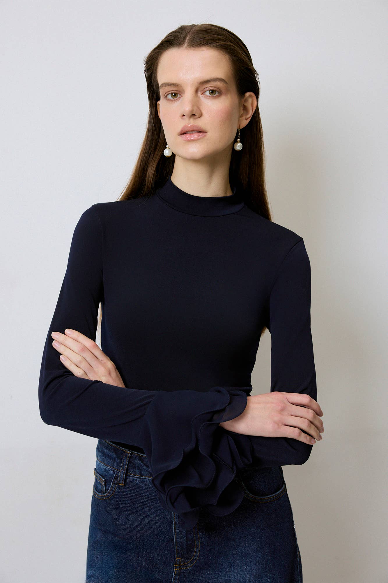 Lacivert Knit Blouse with Sheer Chiffon Flounce Sleeves
 for wholesale on Faire1