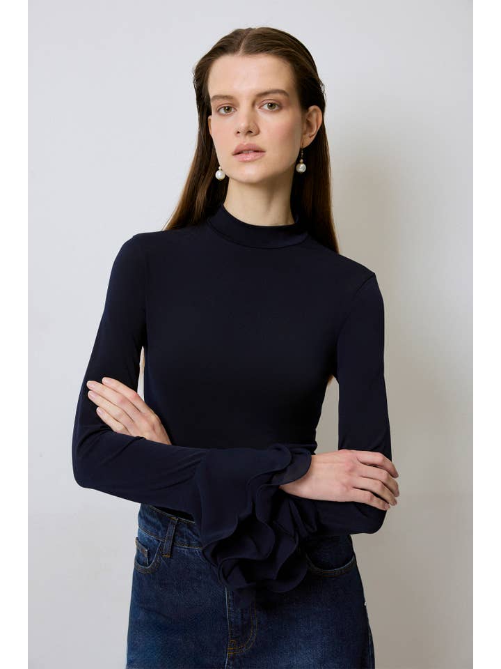 Lacivert Knit Blouse with Sheer Chiffon Flounce Sleeves
for wholesale on Faire1