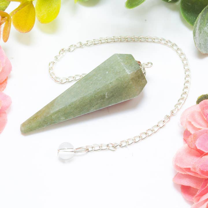 Green Aventurine Gemstone Pendulum Silver Color Chain for wholesale by Quasar Gems USA