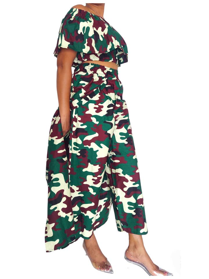 India Batik – Großhandel Set aus Oberteil und Hose (NICHT Loungewear) – Damen – 3012 Set mit Umhang, Hose und Bluse für Damen, Camouflage Grün