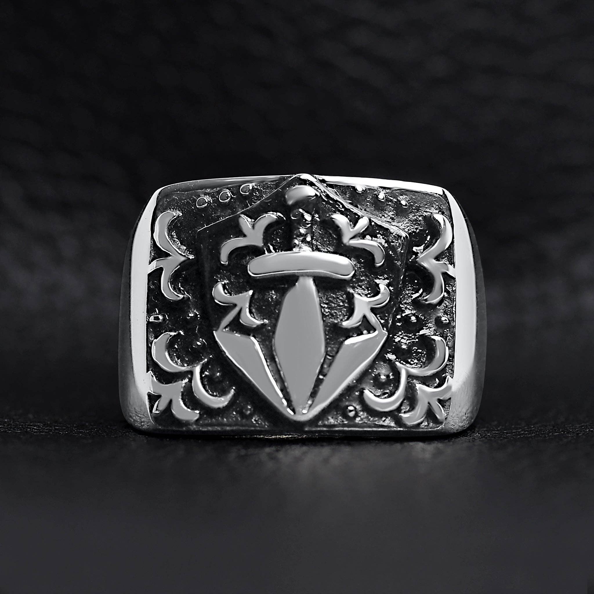 WJW - Wholesale Signet Ring - Stainless Steel Sword And Fleur De Lis Signet Ring2