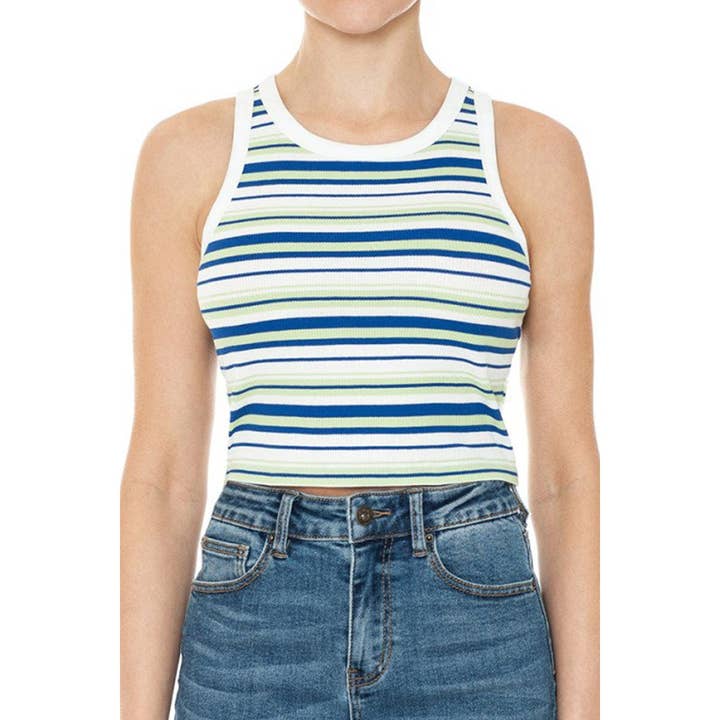 RIBBED YARN DYE STRIPE ROUND NECK CROPPED TANK TOP for wholesale by UP CLOTHING